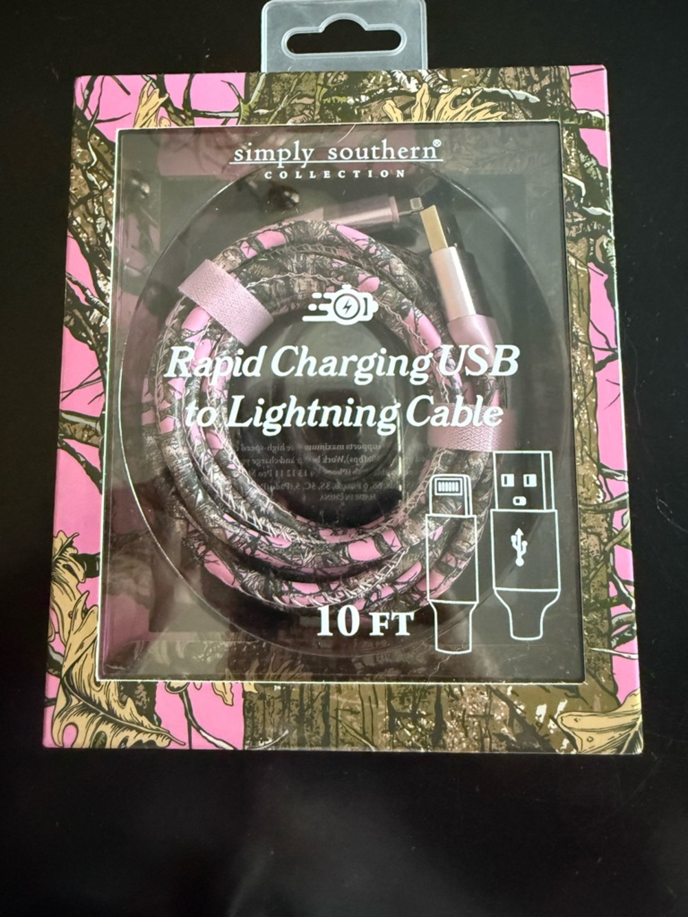 Simply Southern Pink Camo 10 ft Rapid Charging USB to Lightning Cable